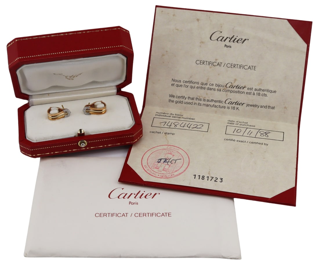 JEWELRY. Pair of Cartier 'C de Cartier' Gold and: Diamond Earrings. Pair of Cartier 'C de Cartier' rose gold, yellow gold, and white gold earrings accented by pave diamonds. Inscribed, "Cartier 750-748442". Accompanied by a Cartier hinged box, and a
