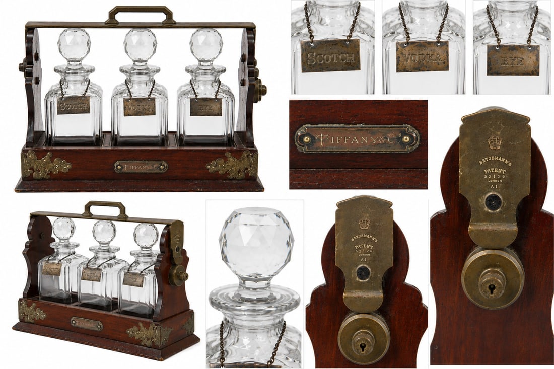 George Betjemann & Sons for Tiffany & Co. Tantalus: A George Betjemann & Sons for Tiffany & Co. tantalus, crafted in wood and fitted with three glass decanters. The decanters are accompanied by three sterling silver bottle labels marked "Scotch," "Vodk