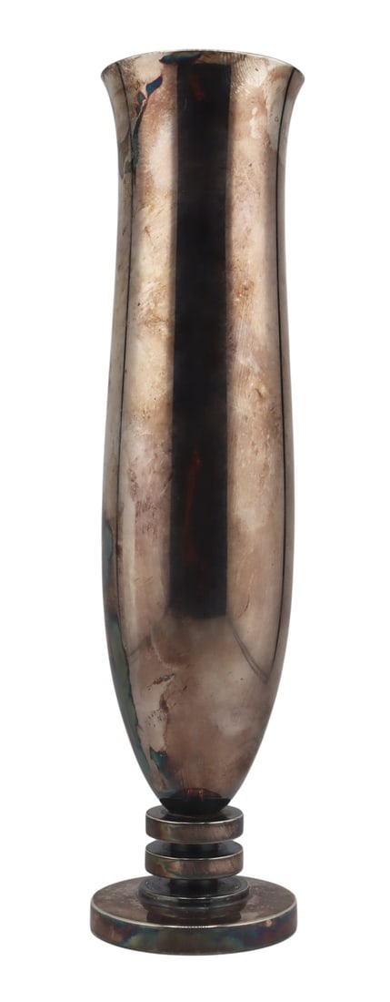 STERLING. Georg Jensen Sterling Vase, no. 750.: Harald Nielsen for Georg Jensen sterling vase with multi-tier circular base. Stamped to the underside, "Dessin HN Denmark Georg Jensen Sterling 750". Total approx. weight of the vase is 6.96 troy oz (
