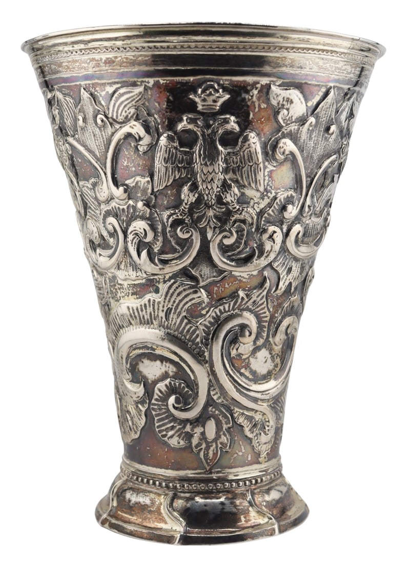 SILVER. Ornate Repousse Silver Vase with Coin. (1 of 12)