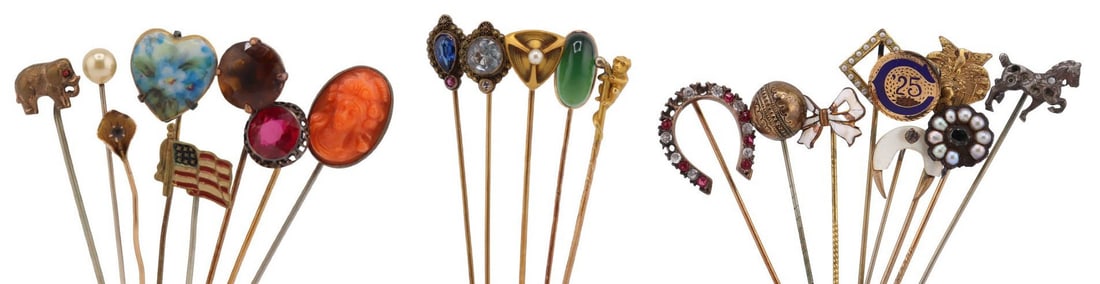 JEWELRY. (5) Assorted 14kt Gold Stickpins and (18): Assorted Costume Stickpins and Pins. Including (1) unmarked 14kt yellow gold stickpin with a central bezel-set green gem cabochon; (1) unmarked 14kt yellow gold figural stickpin depicting a monkey; (1