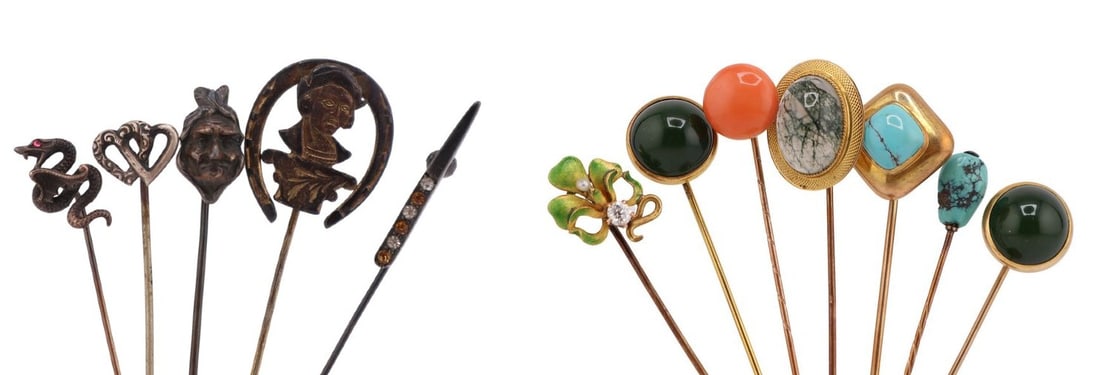 JEWELRY. (12) Assorted 9kt Gold & Silver Stickpins: Including (2) unmarked 9kt yellow gold stickpins, each with a 13kt yellow gold head and a central bezel-set green gem cabochon; (1) unmarked 9kt yellow gold stickpin with a central bezel-set moss agat