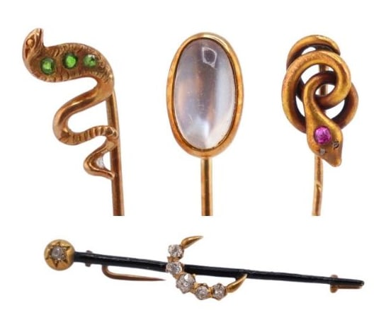 JEWELRY (4) Stickpins & Pins Inc. Serpents.: Including an unmarked 13kt yellow gold bar pin with subsequently added enamel, and accented by a central applied wisp set with (5) diamonds; (1) 13kt yellow gold serpent stickpin accented with a pink 