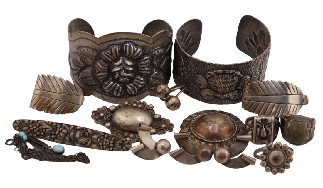 JEWELRY Assorted Mexican Sterling & Silver Jewelry: Including (1) Mexican V. Acosta sterling cuff - stamped, "Sterling"; (1) damaged Mexican Maciel sterling cuff (cracked outline of design) - stamped, "Sterling"; (1) Mexican sterling brooch - stamped, 