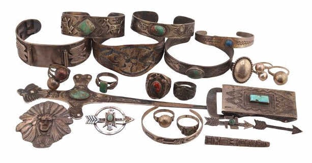 JEWELRY. Native American Southwest Jewelry Group.: (1) Uncas Silver Co. sterling bypass ring - stamped "Sterling" size 6 1/4; (1) Uncas Silver Co. sterling sphere ring - stamped "Sterling" size 5 1/4; (1) coin silver cuff with applied animals and a ce