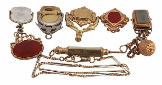 JEWELRY. 14kt Gold Fob Chain and (8) Fobs. (1 of 12)