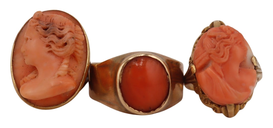 JEWELRY. Collection of (3) Gold and Coral Rings. (1 of 15)