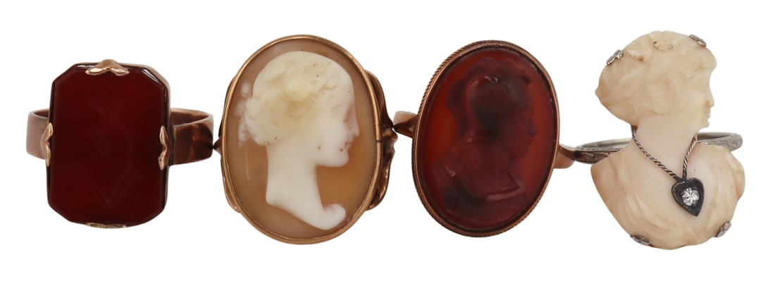 JEWELRY. (3) Gold and Carved Cameo Rings.: Includes an 18kt white gold mounted carved cameo of beauty adorned with a necklace accented by a single diamond - on a hinged band, stamped, "18K", size - 5 3/4; a 14kt yellow gold ring displaying a h