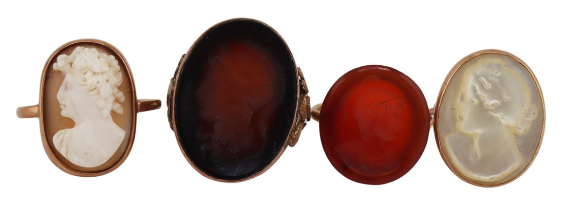 JEWELRY. (4) Antique Cameo or Intaglio Rings.: Includes an 11kt yellow gold mounted circular carnelian pendant with central carved intaglio of a soldier set on a 14kt yellow gold shank, size - 4; a 13kt yellow gold mounted carved cameo ring of a b