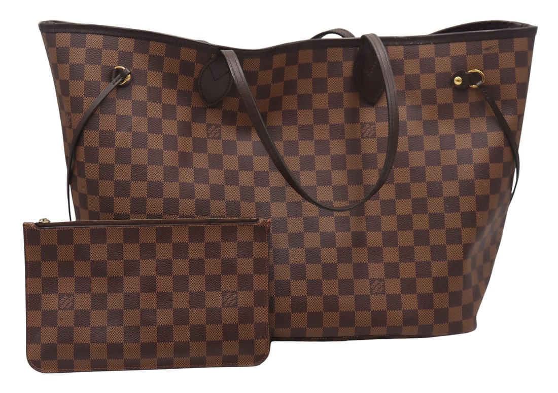 COUTURE. Louis Vuitton Damier Ebene Neverfull Tote: Bag. Louis Vuitton Damier Ebene Neverfull tote bag. With red and black striped interior, and a zippered pocket. Acccompanied by a Louis Vuitton monogrammed zippered pouch with red and black striped li