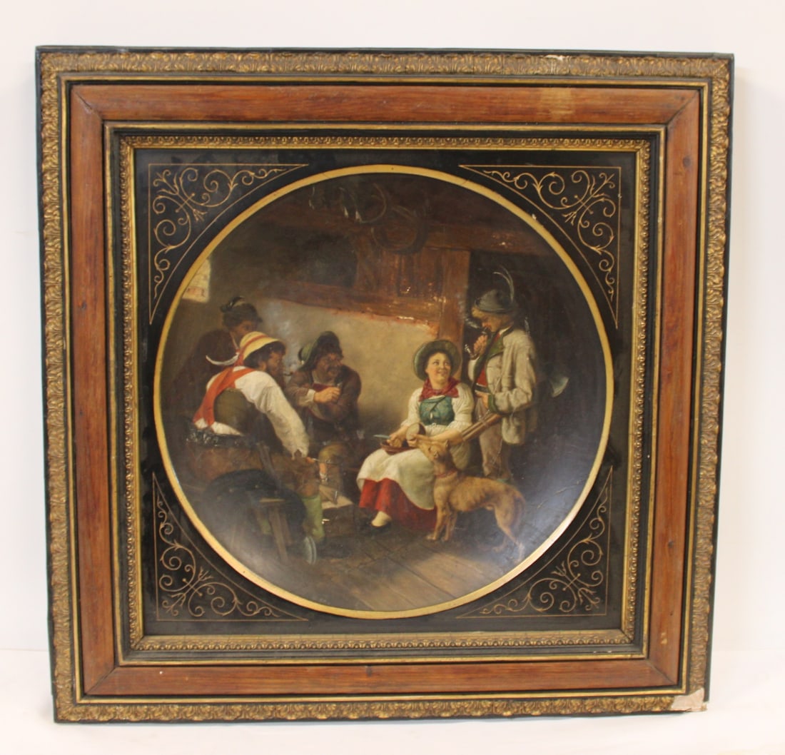 Antique Inlaid Table Together With A Victorian 3 Tier Table: An unsigned 19 cerbtury Framed Porcelain Plaque .The table 3 tier with porcelain insert and the charger porcelain in a Victorian frame . From a Queens estate .PLATE 18.5"DIA FRAME 27"X27"