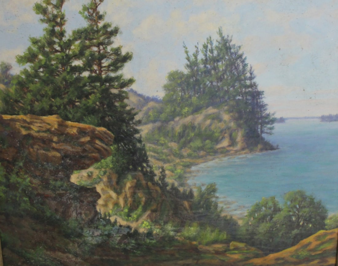 DRAKE Signed Oil On Board.: Lake shore. Oil on board, signed Drake lr left. From a Brewster NY estate. - Dimensions: 20" x 24" & Frame: 24" x 28"