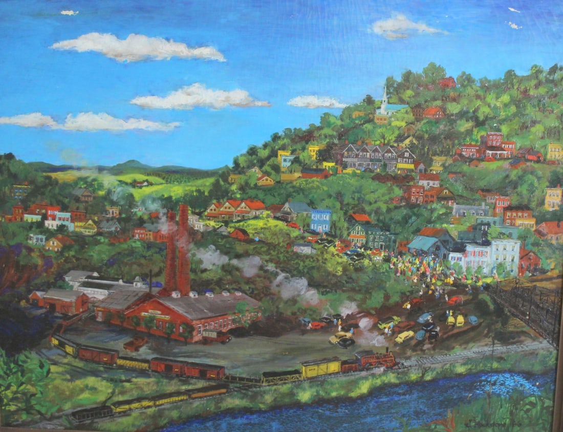 JULIAN ROCKMORE (AMERICAN, 20TH CENTURY).: Village scene. Oil on canvas, signed and dated 66 lr rt. From a New Rochelle NY estate. - Dimensions: 28" x 36" & Frame 33" x 40"