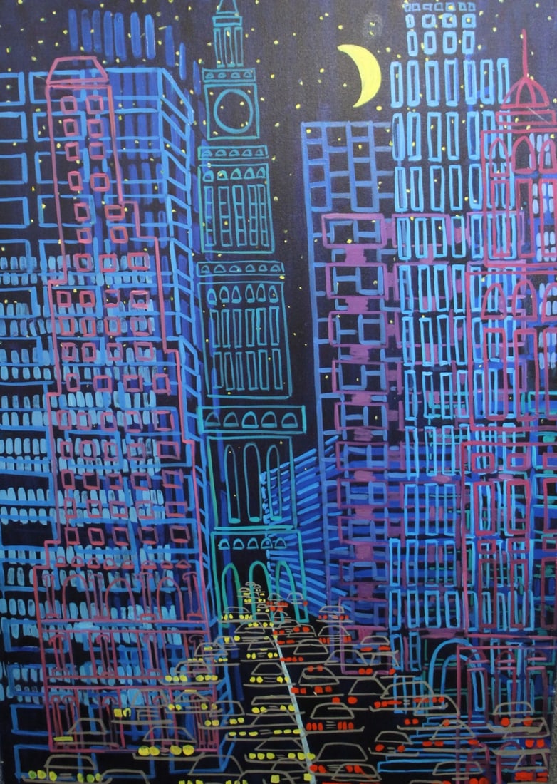 ROZ TANZMAN (USA 20th / 21th Century): "Gretels Moon looking uptown". Oil on canvas, signed and dated 1986. From a Westchester NY estate. - Dimensions: 64" x 44"