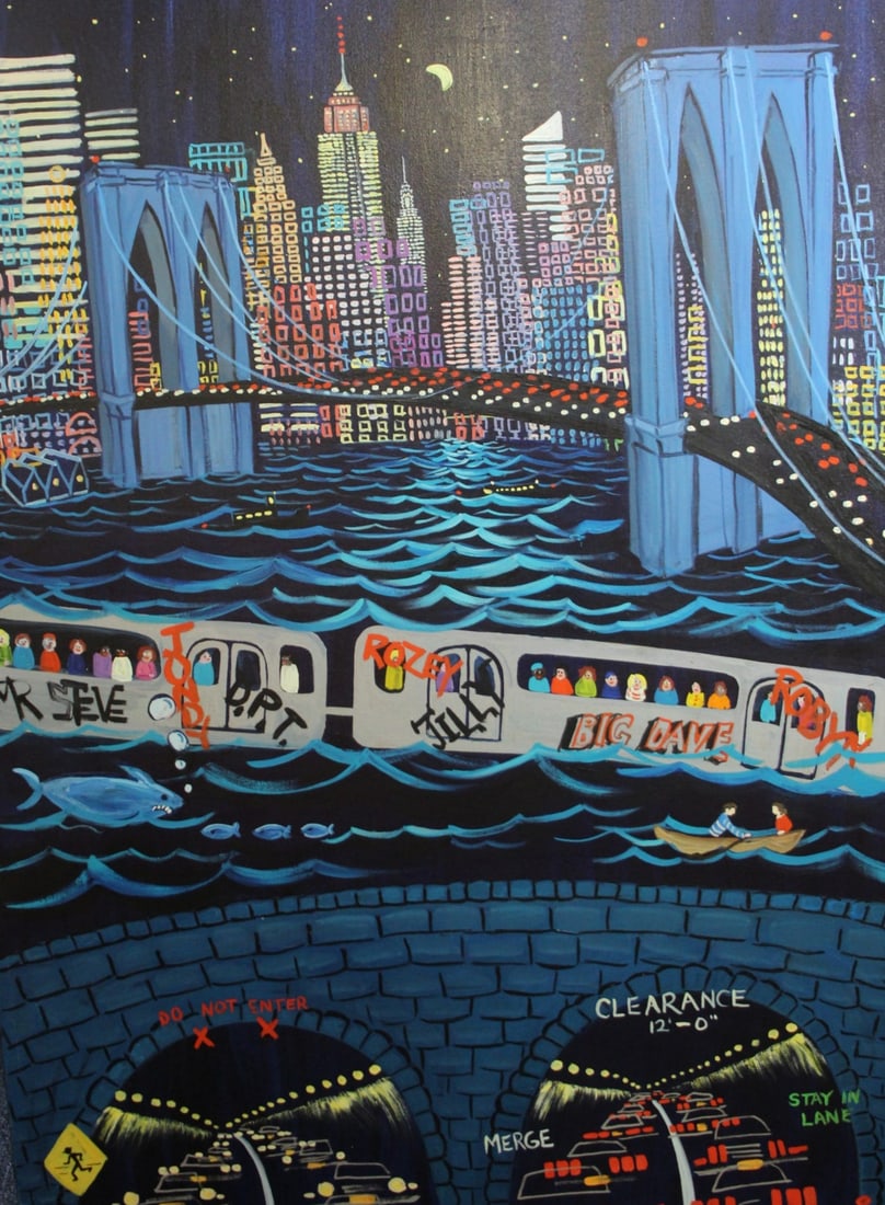 ROZ TANZMAN (USA 20th / 21th Century): "Gretels Moon Night Traffic". Oil on canvas, signed, titled and dated 1986. From a Westchester NY estate. - Dimensions: 64" x 44"