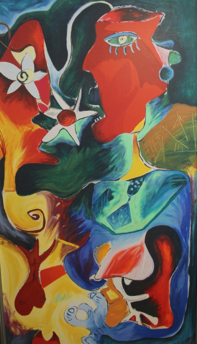 ILLEGIBLY Signed Oil On Canvas.: "Vegetarian thoughts". Oil on canvas, signed and titled. From a Westchester NY estate. - Dimensions: 60" x 33" & Frame 67" x 39"