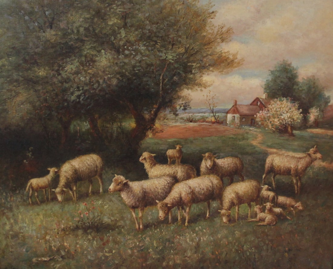 ILLEGIBLY Signed Oil On Canvas.: Sheep in the pasture. Oil on canvas, signed lr rt. From a West 83rd St NYC estate. - Dimensions: 25" x 30" & Frame 32" x 37"