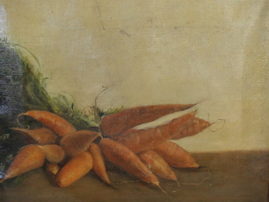 UNSIGNED Oil On Canvas: Carrots. Oil on canvas, apparently unsigned. (PALMER written on edge of canvas). From a Bronxville NY estate. - Dimensions: 9.5" x 12.5" & Frame 14" x 16"