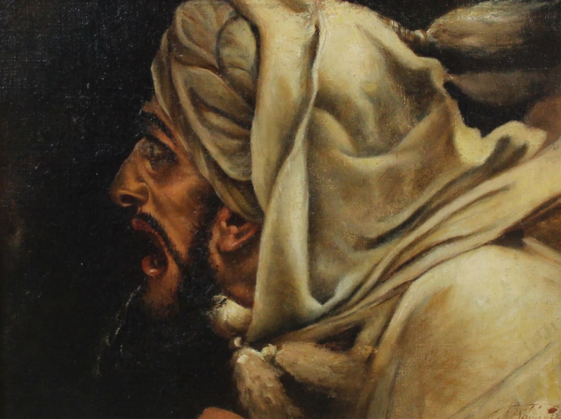 ILLEGIBLY Signed Oil On Canvas: Head of an angry Arab. Oil on canvas, signed lr rt. From a Bronxville NY estate. - Dimensions: 10.75" x 8.75" & Frame 16.5" x 14.25"