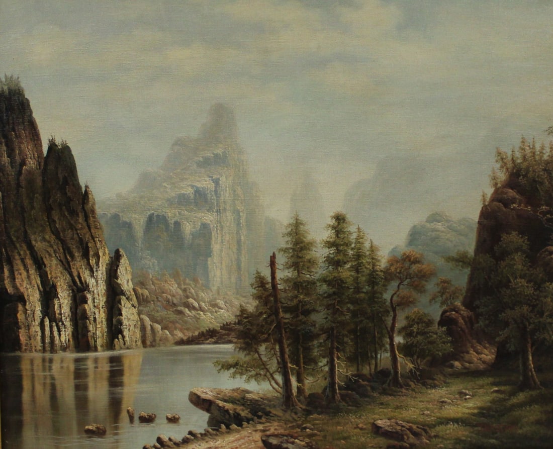 UNSIGNED Hudson River ? Oil On Canvas: River and mountain oil on canvas. Apparently, unsigned. From a Yonkers NY estate. - Dimensions: 20" x 24" & Frame 34" x 38"
