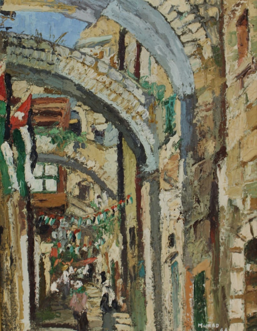 MURAD Signed Oil On Canvas.: Street scene. Oil on canvas, signed MURAD and dated 64. From a Westchester NY estate. - Dimensions: 23" x 17" & Frame 30" x 24"
