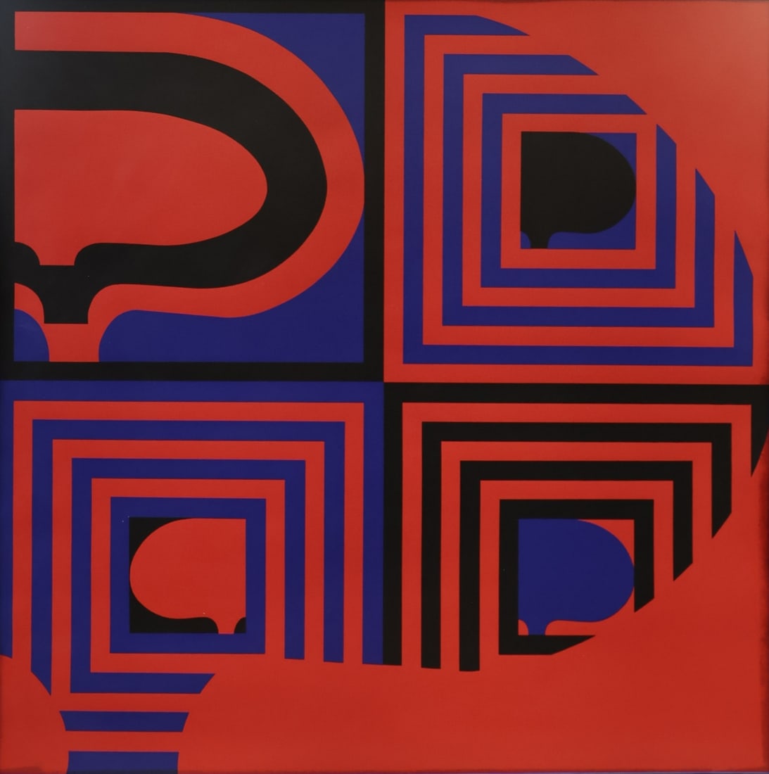 JESSE REICHEK (AMERICAN, 1916-2005).: 'Untitled' (Red, Blue & Black). 1971. Lithograph in colors. Signed, dated, and numbered '22/50' lower margins in pencil. Property of a Southbury, CT estate. Dimensions: Sight: 23.75" h x 23.7