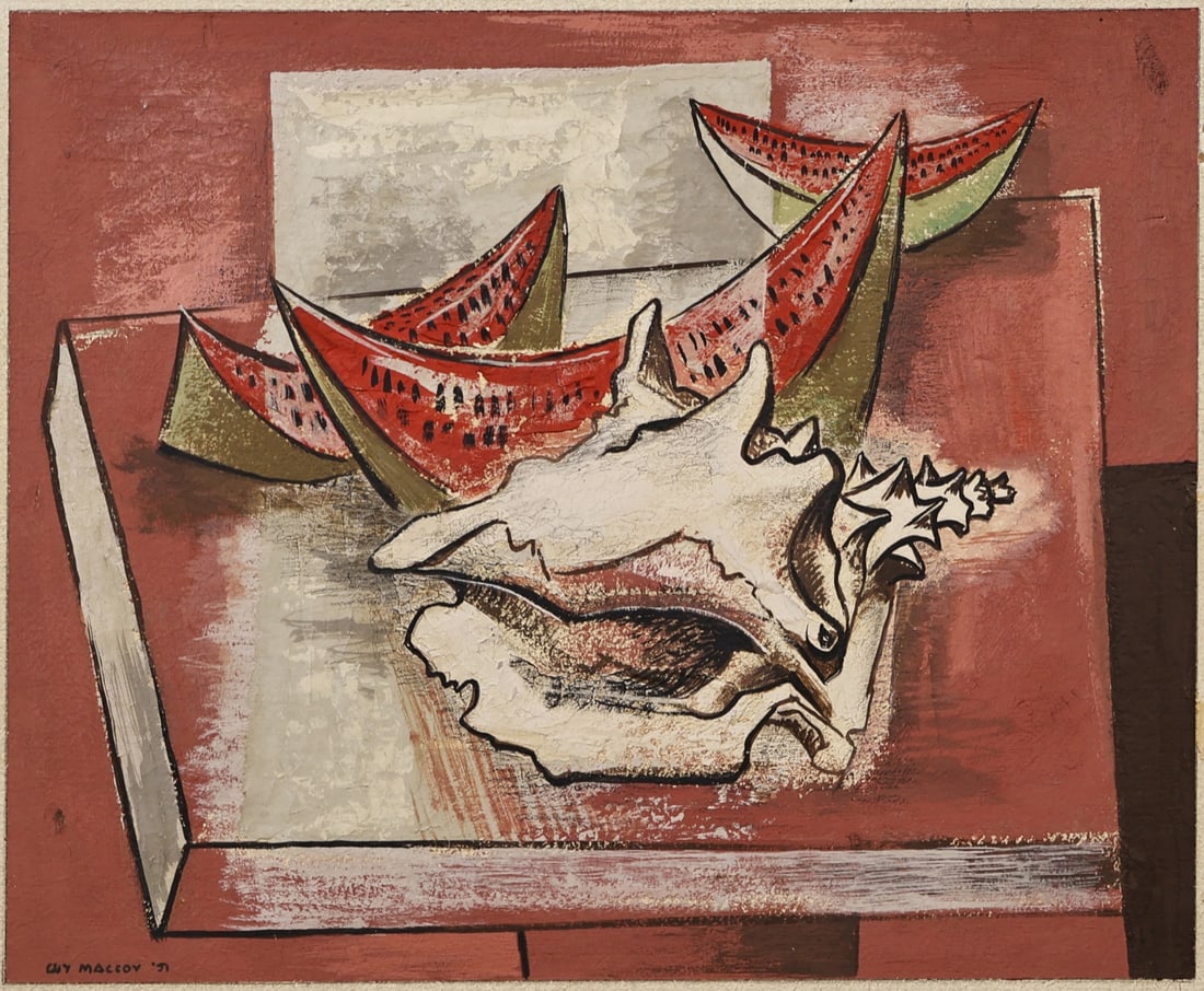 GUY MACCOY (AMERICAN, 1904-1981).: Still Life with Watermelon and Shell. Oil on board. Signed lower right. Property from a New Jersey collection. Dimensions: Image: 18.5" h x 22" w. Frame: 29" h x 32.5" w.