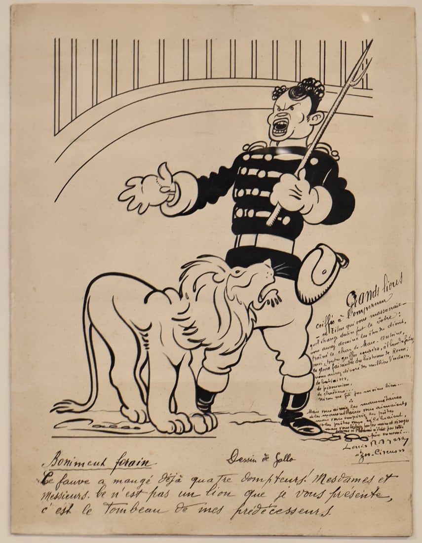 GALLO (FRENCH, 19TH / 20TH CENTURY).: 'Bonimeuh Forain' (Fairgound Barker). Pen and ink on paper. Signed middle right and inscribed bottom and lower right. Property of a Greenwich, CT estate. Dimensions: 13.25" h x 10" w.