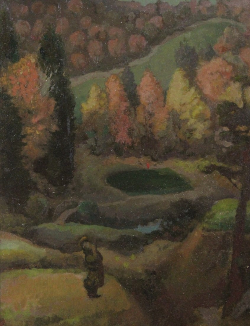 UNSIGNED Oil On Board: Impressionist scene of forest. Oil on board, unsigned. From a Westchester NY estate. - Dimensions: 18" x 14" & Frame 24" x 20"
