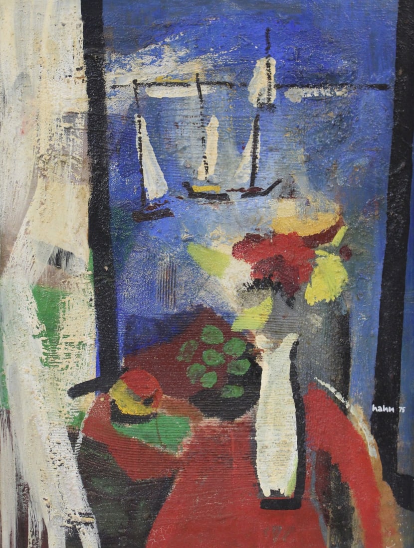 CARLOS J. HAHN ( Argentina 1922 - 1980): Ships at the window. Oil on board, signed. From a Larchmont NY estate. - Dimensions: 29" x 21" & Frame 35" x 28"