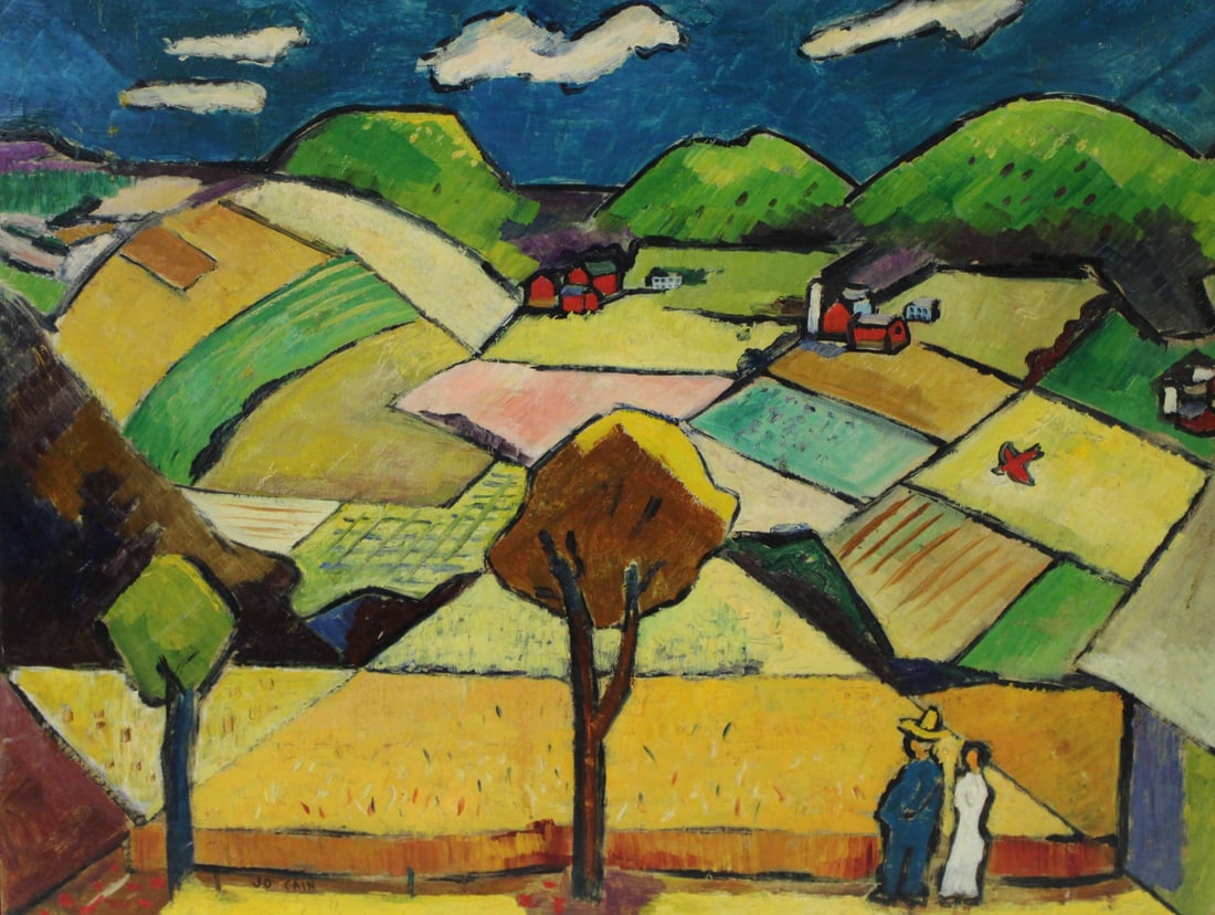 JOSEPH CAIN ( USA 1904 - 2003): Landscape with people. Signed. From a Larchmont NY estate. - Dimensions: Frame 28" x 36"