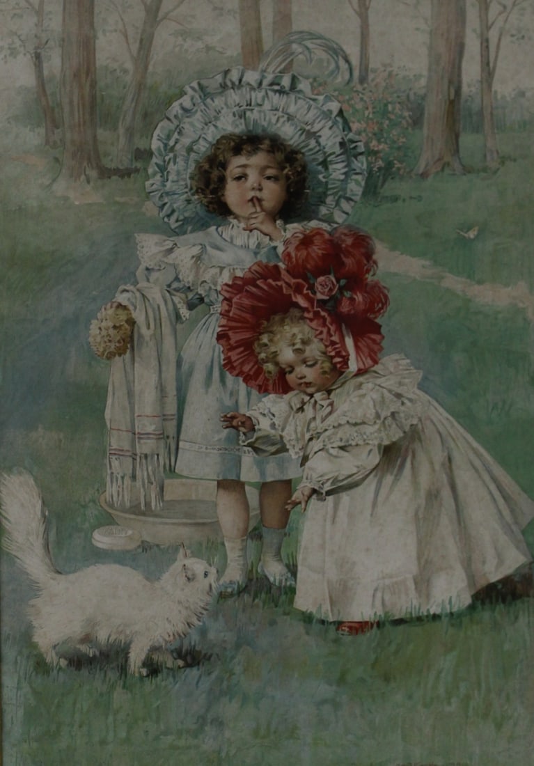 MAUD HUMPHRIES: Two children playing with a white cat. From a Westchester NY estate - Dimensions: 12" x 16" & Frame 17.5" x 22.5"