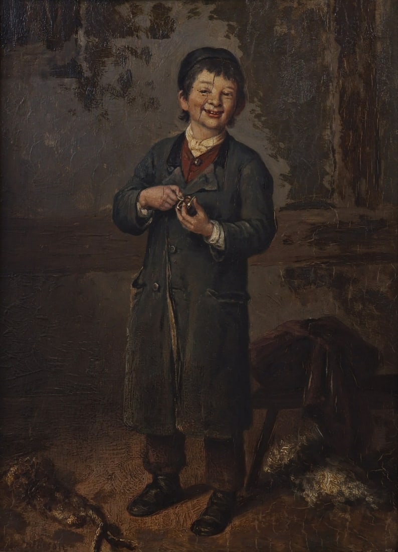 ILLEGIBLY SIGNED (19TH/20TH CENTURY): 'Young Boy with his First Earning'. Oil on paper laid to panel. Illegibly signed lower left. Property of a Cos Cob, CT estate. Dimensions: 9.50" h x 7.125 "w. Frame: 13.25" h. x 10.75&q