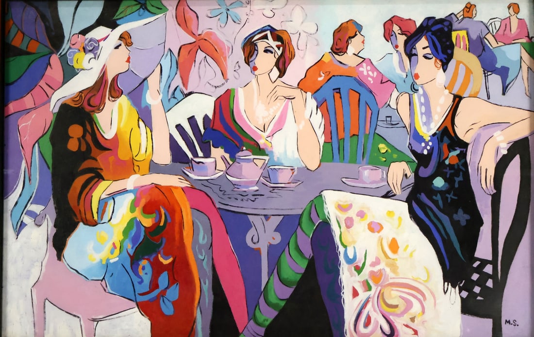 After Isaac Maimon: Ladies having tea. Mixed Media, initialed lower right. From a Bronxville NY estate. - Dimensions: 24" x 36" & Frame 27.25" x 29.5"