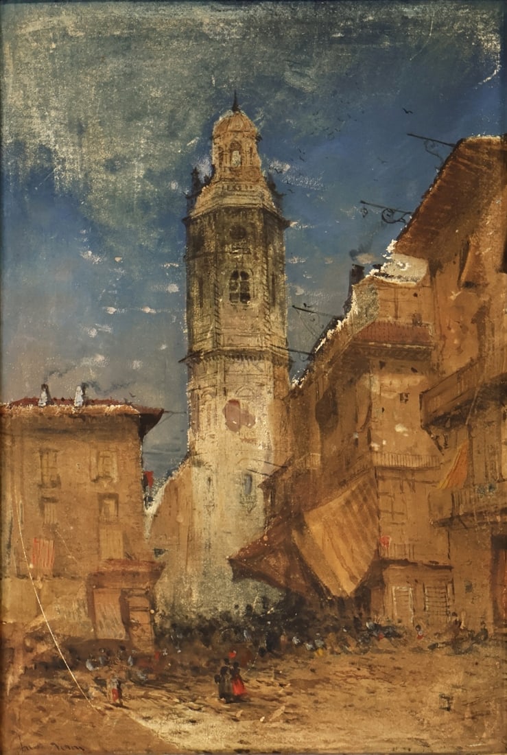 JULES HENRI VERON-FARE (FRENCH, 1851-1934): 'Bell Tower of Santa Catalina Martyr, Valencia'. Watercolor on card. Signed lower left. Provenance: Hotel Hendrick Hudson, Park Hill, Yonkers, NY. Property of a Westchester, NY collection.