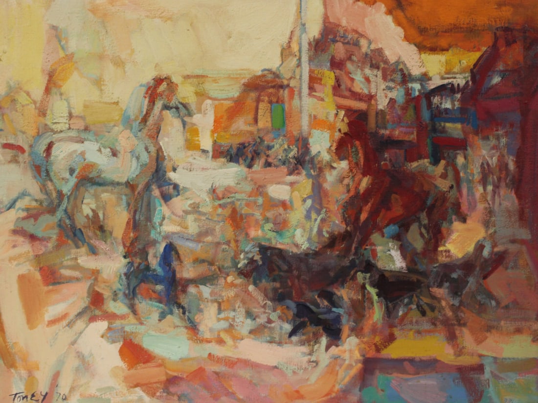 ANTHONY TONEY ( USA 1913 - 2004): "Uneasy Still Life". Oil on canvas, signed and dated '70. From a Riverdale NY estate. - Dimensions: 24" x 32" & Frame 28" x 37"