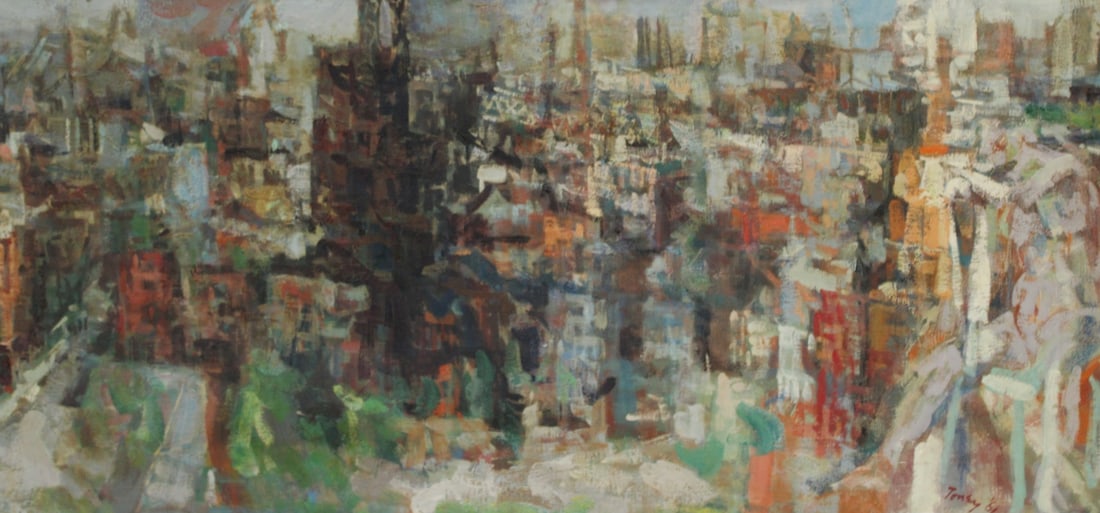 ANTHONY TONEY ( USA 1913 - 2004): "Overlooking Lower Manhattan". Oil on canvas, signed and dated 61. From a Riverdale NY estate. - Dimensions: 20" x 47" & Frame 26" x 48"