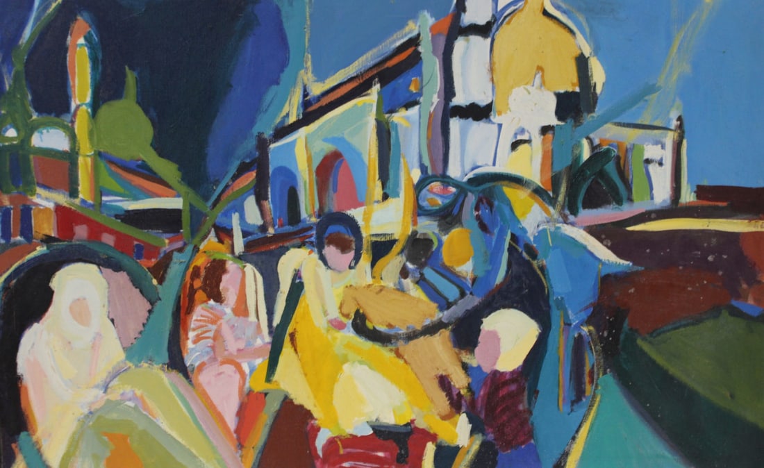 UNSIGNED Oil On Canvas.: People & buildings. Oil on canvas. Apparently unsigned. From a Riverdale NY estate. - Dimensions: 30" x 48" & Frame 34" x 50"