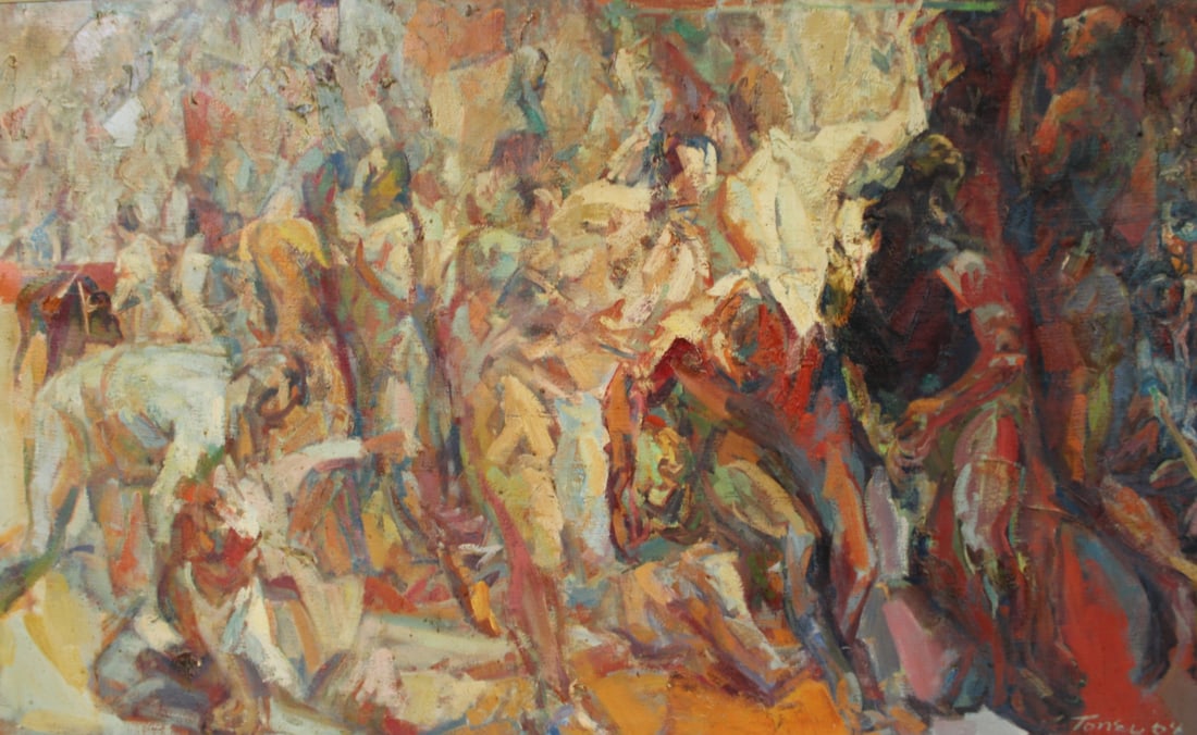 ANTHONY TONEY ( USA 1913 - 2004): "The Game". Large oil on canvas signed and dated '64. From a Riverdale NY estate. - Dimensions: 48" x 78" & Frame 53" x 84"