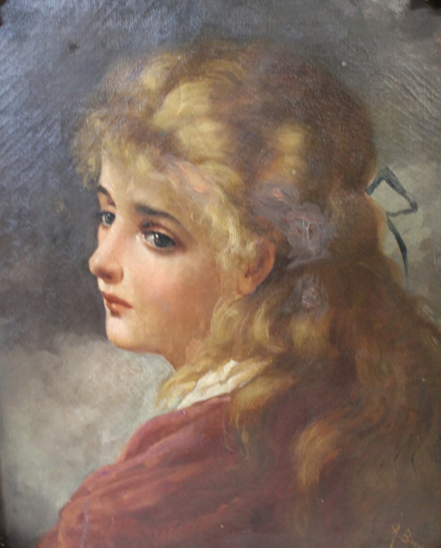 A.J.BARRY Signed Oil On Canvas Portrait.: Young girl in red. Oil on canvas, signed lr rt. From an Ossining NY estate. - Dimensions: 18" x 14" & Frame 24" x 19.5"