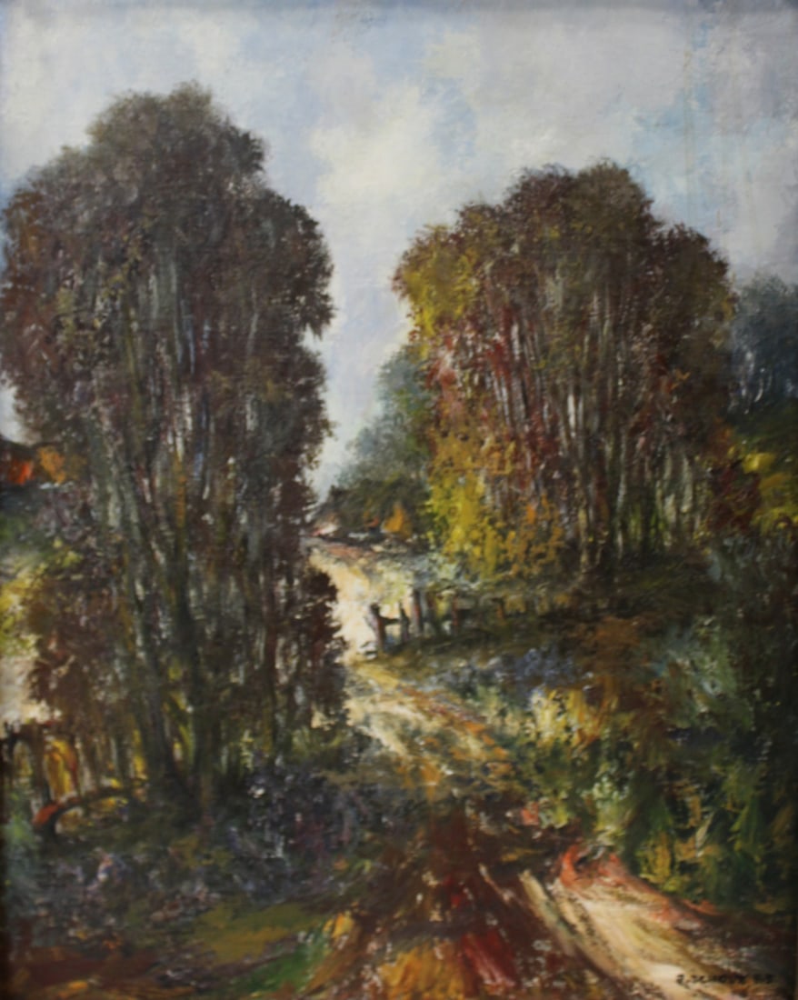 J. SCHOLZ Signed Oil On Board.: Path. Oil on board, signed and dated 65. From an Ossining NY estate. - Dimensions: 18" x 14" & Frame 22" x 18"