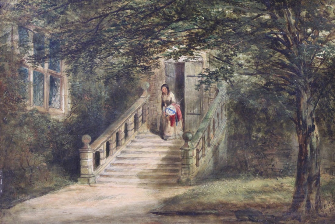 BENJAMIN CALLOW Signed Oil On Board: Girl on steps. Oil on board signed and dated. From an Ossining NY estate. - Dimensions: 13" x 18" & Frame 18" x 23"