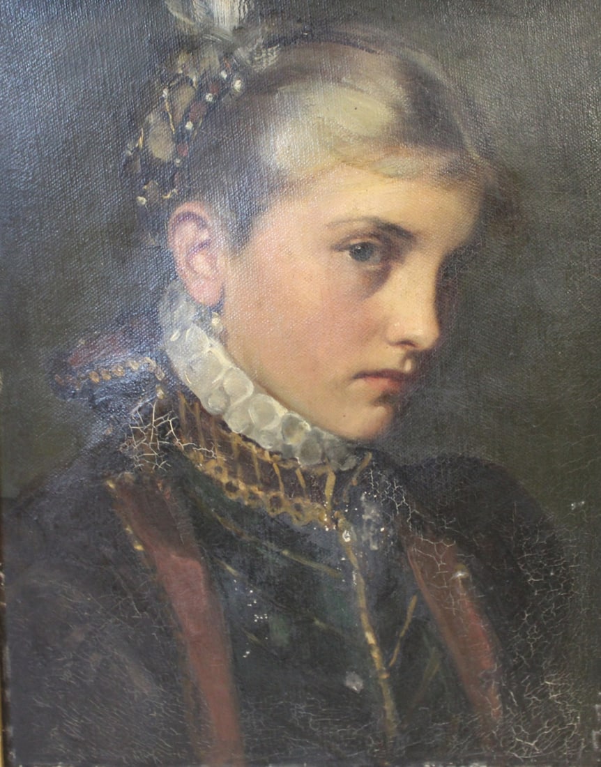 UNSIGNED Oil On Canvas Portrait.: Portrait of a young girl. Oil on canvas, apparently unsigned. From an Ossining NY estate. - Dimensions: 12" x 10" & Frame 20" x 18"