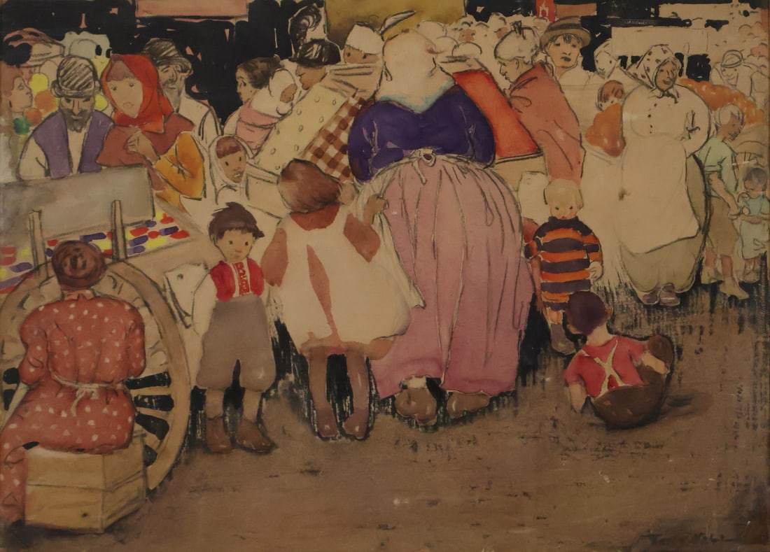 Antonia (Tony) Nell (NY 1881-1960): European Market Scenes. Gouache on paper, signed lower right. Pelham, NY collection. - Dimensions: 26.5" x 21.5" & Frame 28.5" x 23.5"