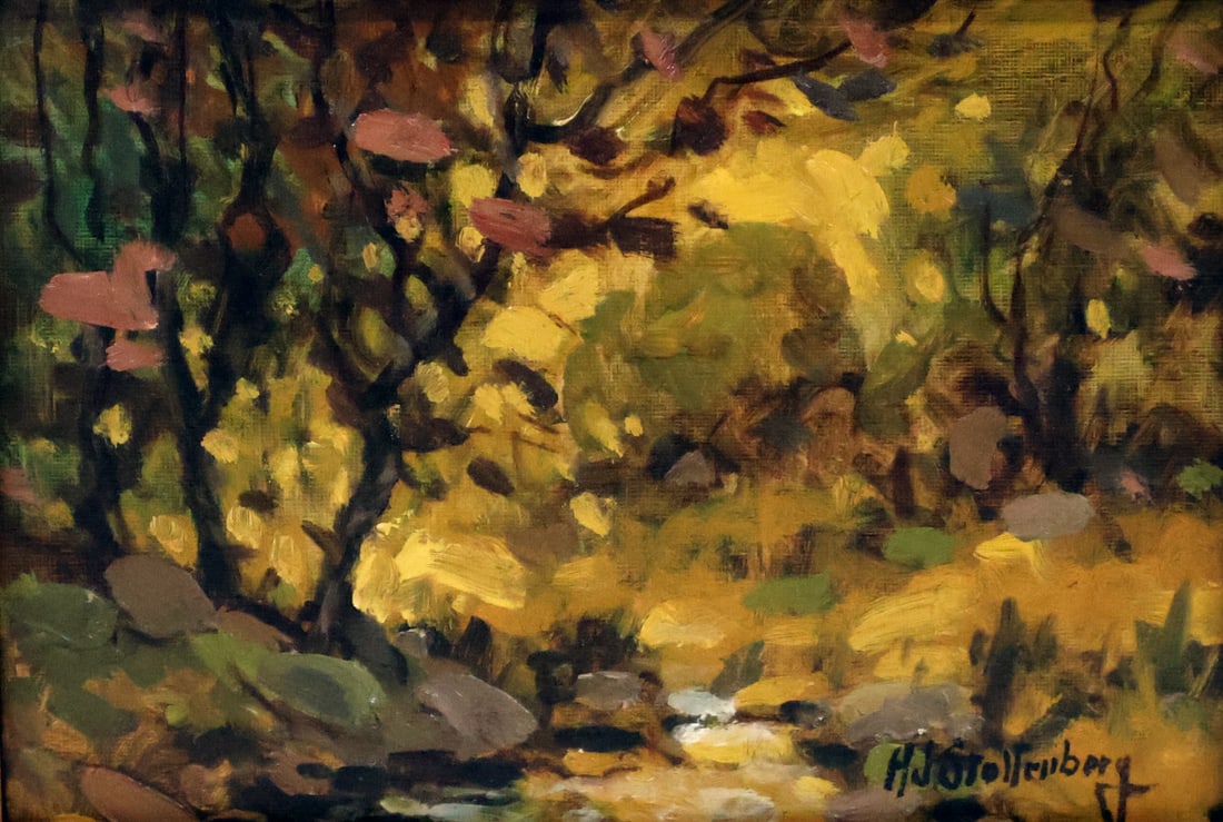 Hans John Stoltenberg (American /German 1879-1963): Fall landscape. Oil painting. Pelham, NY collection. - Dimensions: 7" x 5" & Frame 7" x 9"