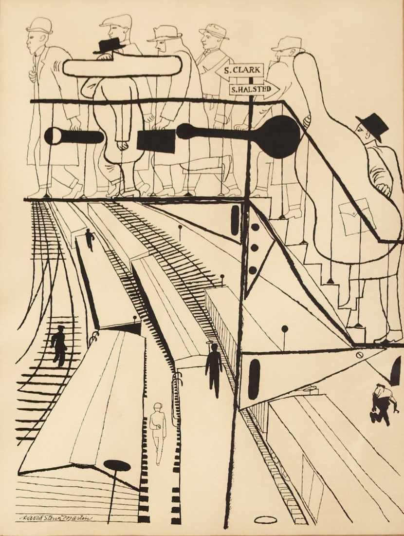 David Stone Martin (1913-1992): Musicians on NYC elevated subway. Ink drawing, signed. Pelham, NY collection. - Dimensions: Sight 10" x 14 & Frame 16.75" x 21"