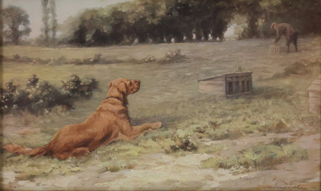 Maud Earl ( British / American 1864-1943) Print.: Visiting the Coops –Ilchester Retriever. Colored photogravure from a sportsman calendar published in 1906. Pelham, NY collection. - Dimensions: 7.5" x 14" & Frame 11.5" x 17"