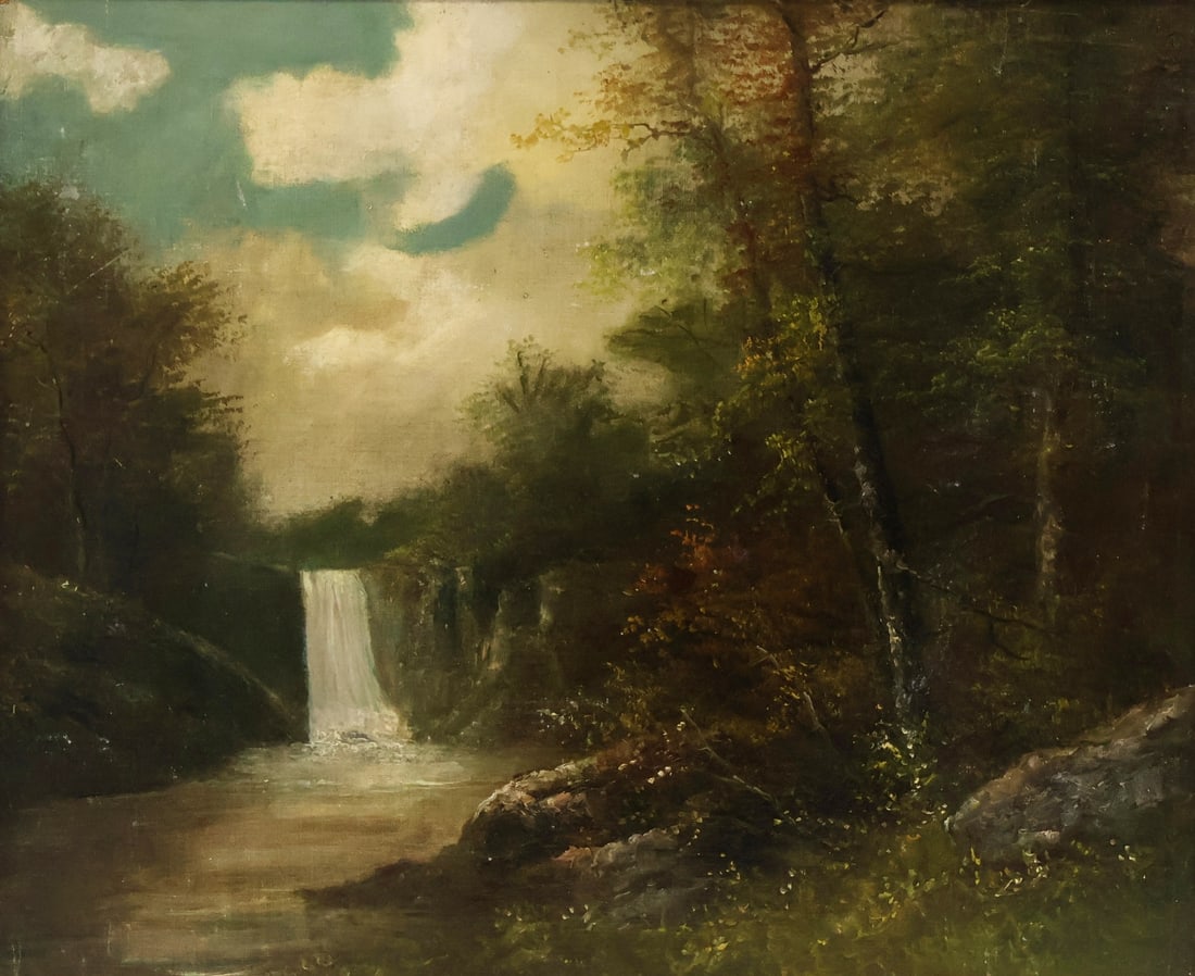 Illegibly. Landscape Oil Painting.: Hudson River Waterfall Scene. Oil on canvas affixed to masonite board. Pelham, NY collection. - Dimensions: 24" x 19.75" & Frame 27.5" x 23.5"