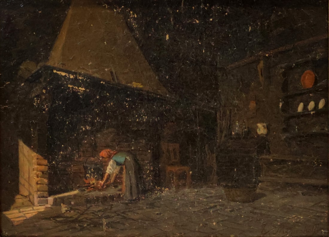 Enrico Meneghelli (Italy 1853-1891): "In The Kitchen". Oil painting, dated 1876 on verso. Pelham, NY collection. - Dimensions: 12" x 9.5" & Frame 14.5" x 12"