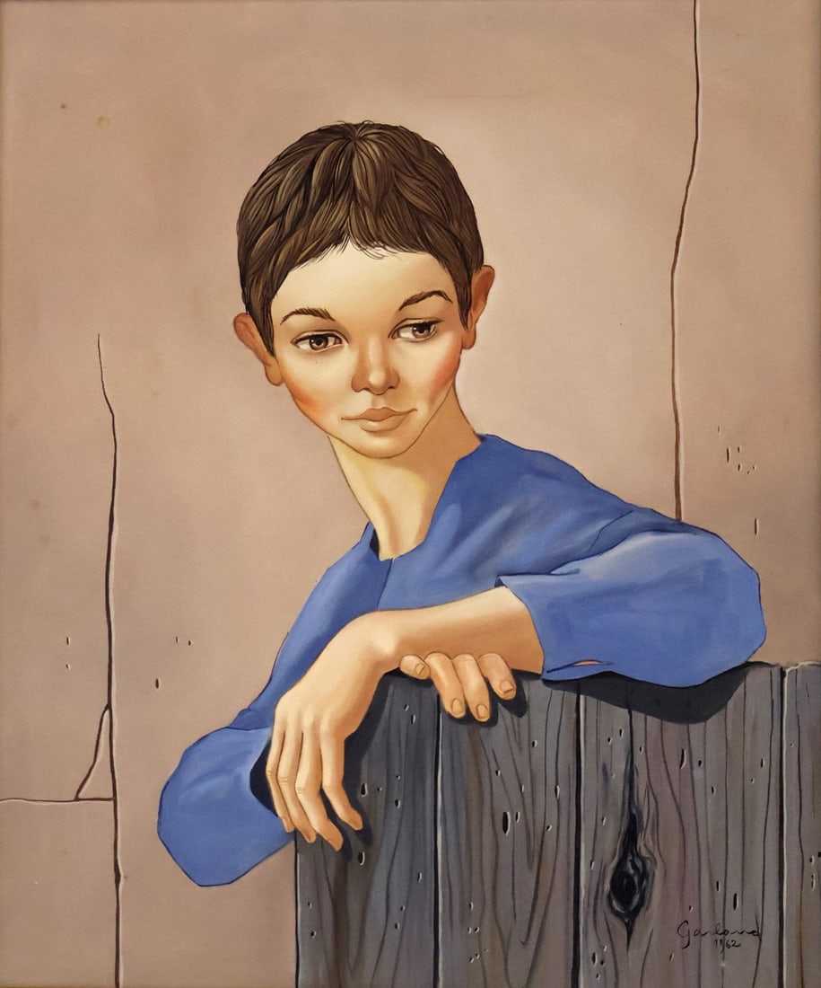 GEORGE GARLAND (USA 20th Century): Portrait of boy with blue shirt. Oil on canvas, signed lower right. From a New Jersey estate. - Dimensions: 24.25" x 20" & Frame 30.75" x 26.75